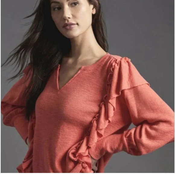 PILCRO Urban Outfitters Coral‎ Orange Ruffle Side Hi-Low Sweater Size Medium - Picture 1 of 10